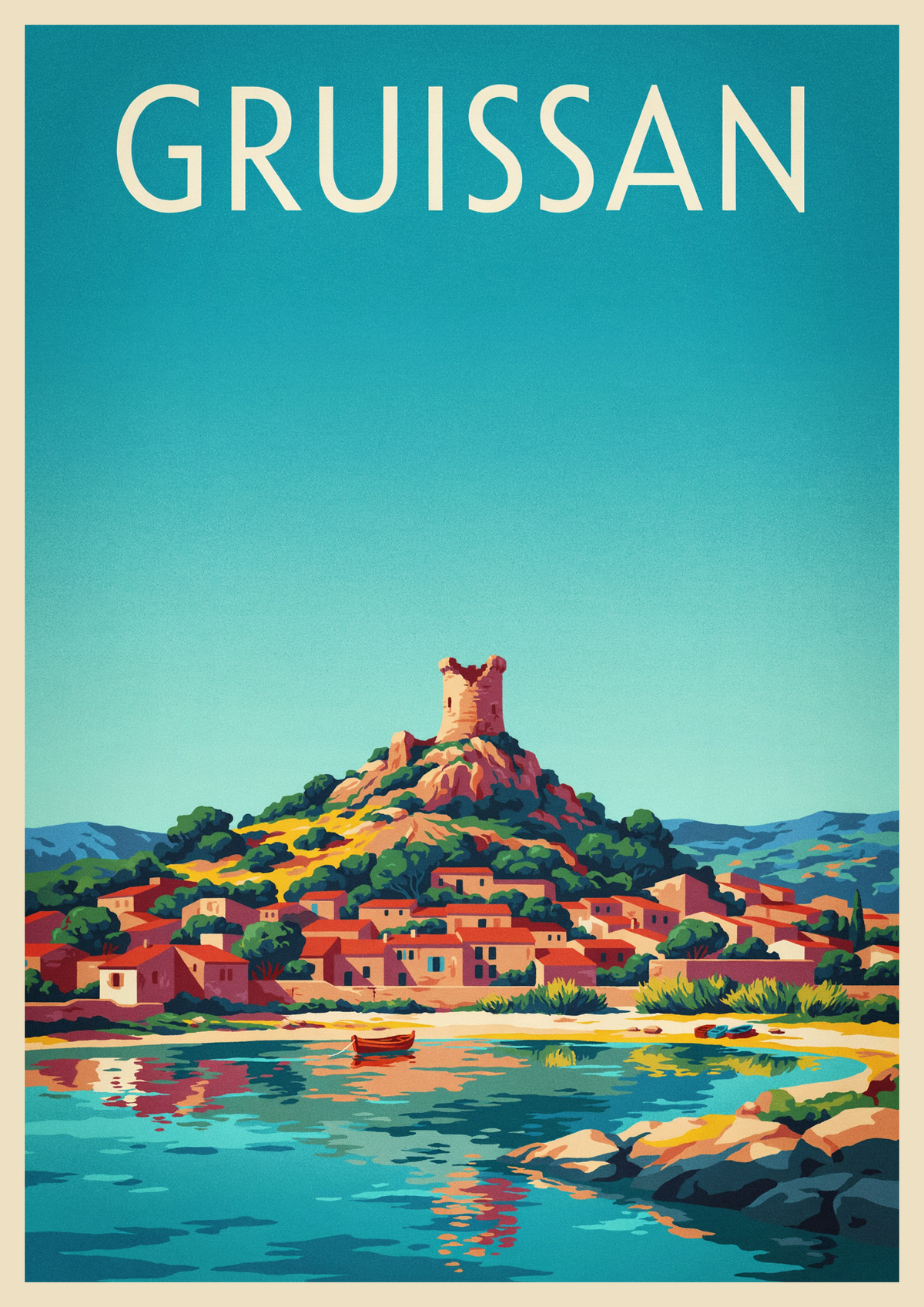 Affiche Gruissan Occitanie tour et port méditerranéen