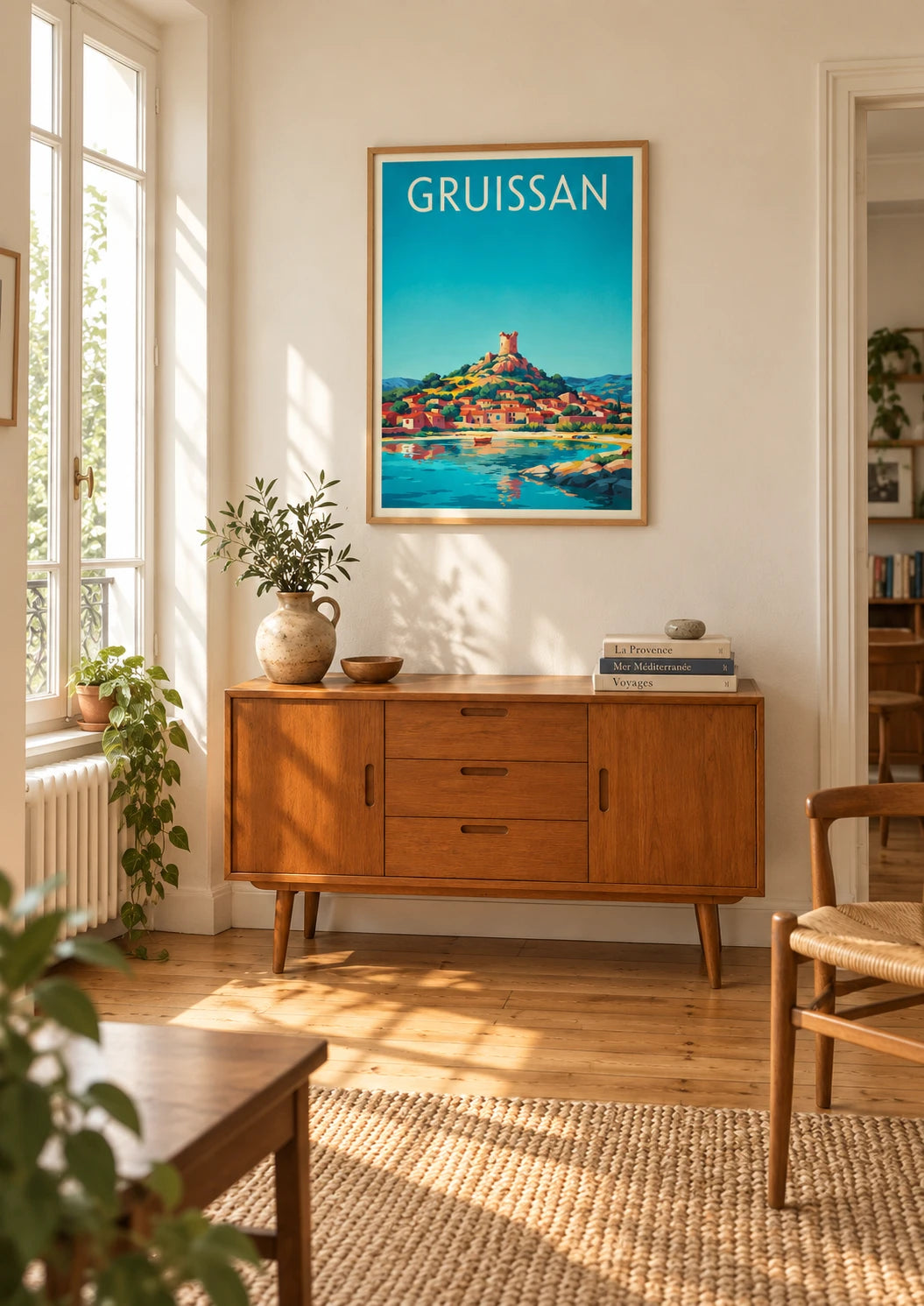 Affiche Gruissan Occitanie tour et port méditerranéen, A2, vue éloignée