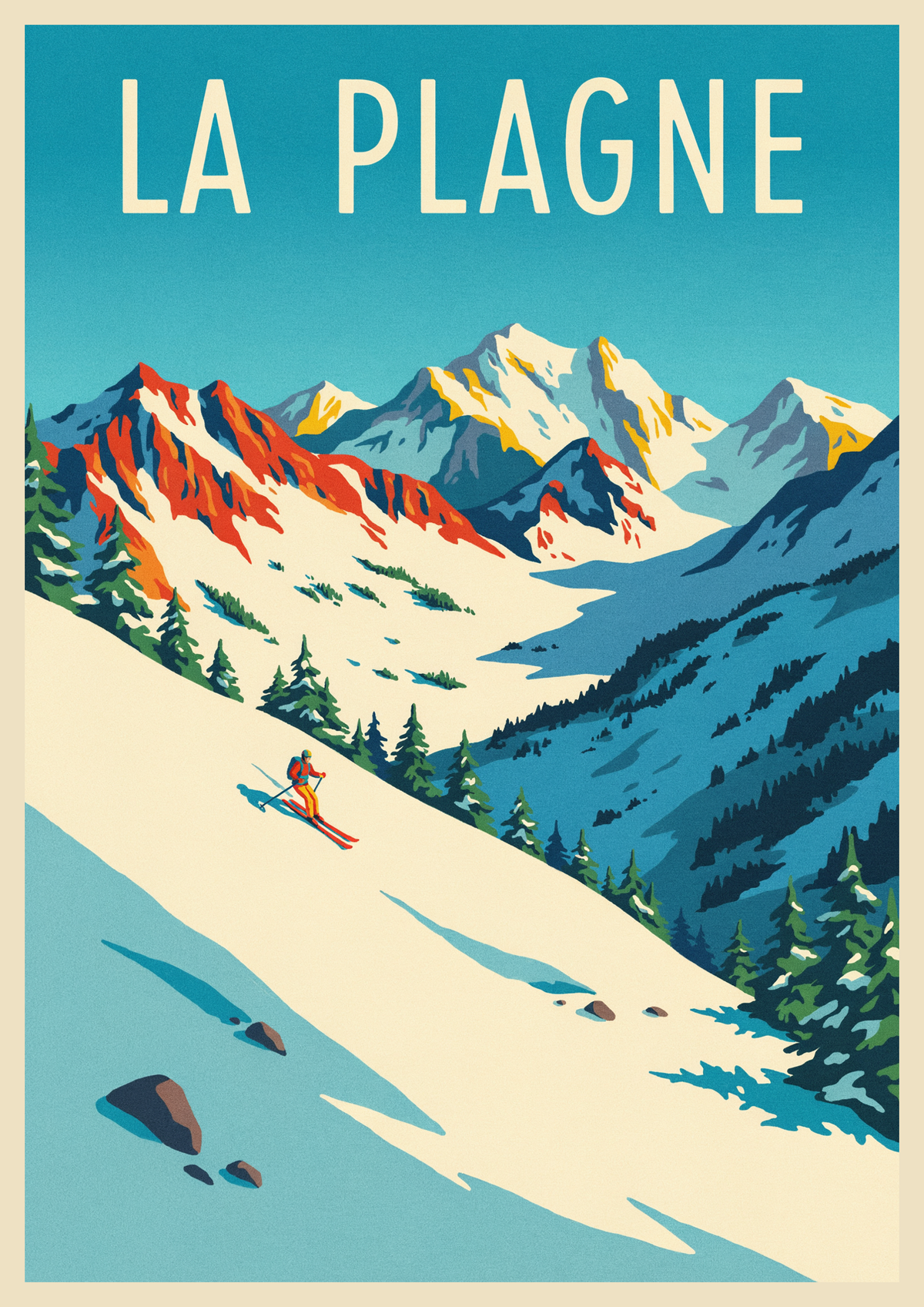 Affiche La Plagne Alpes françaises ski vintage années 1930