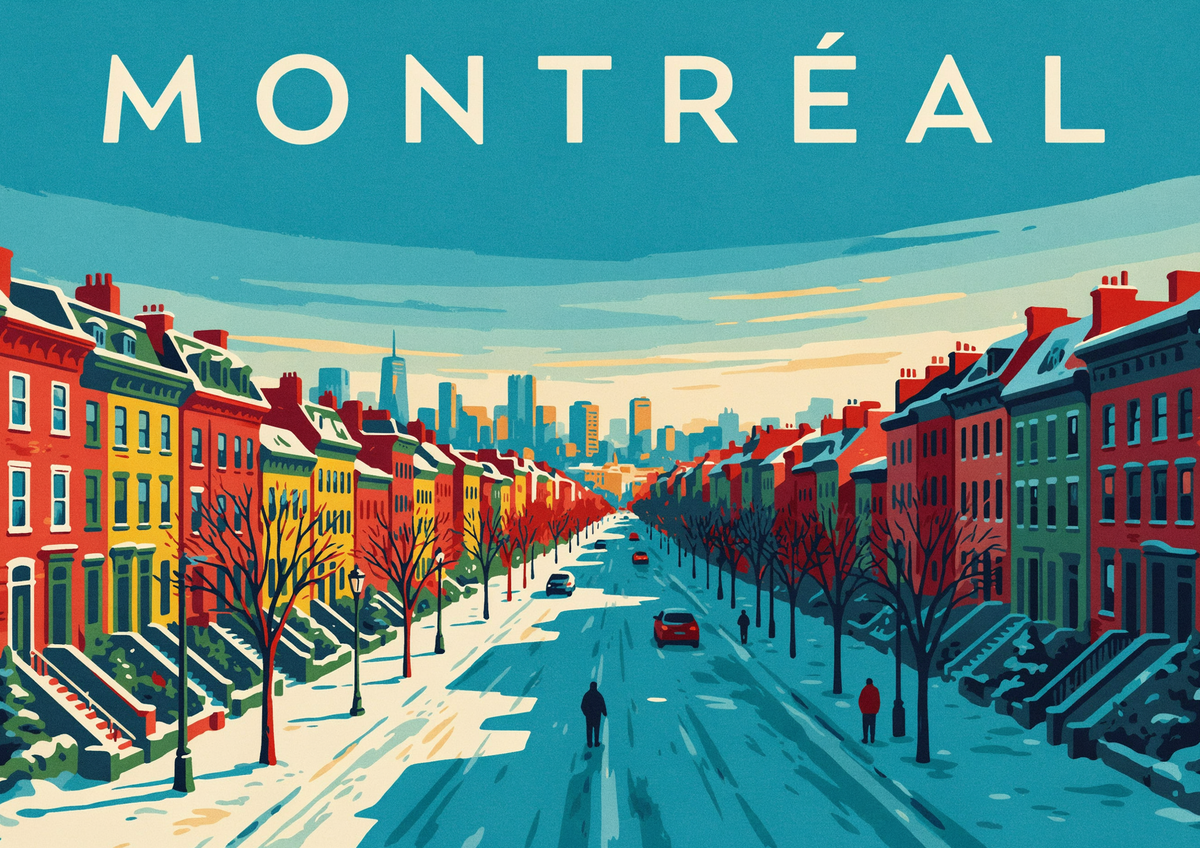 Affiche Montréal hiver avenue enneigée architecture art déco