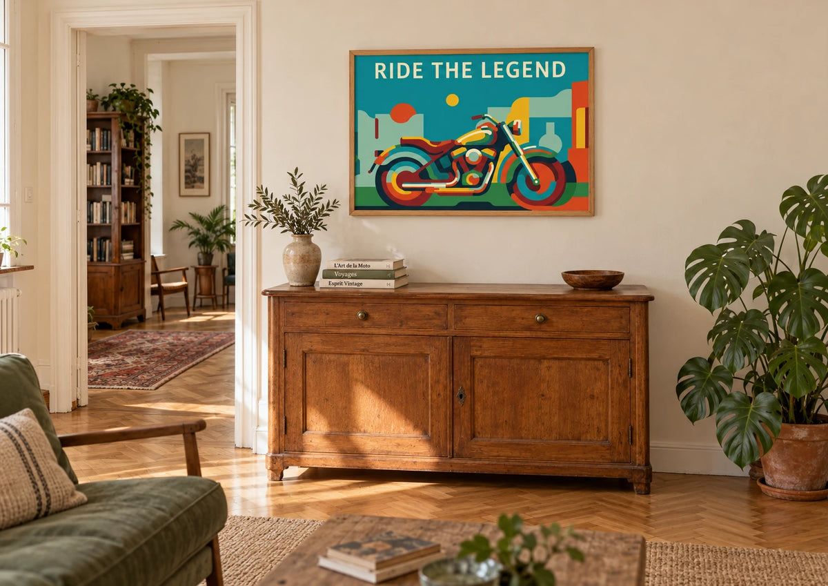 Bureau : mise en situation de Affiche motocyclette rétro Ride The Legend