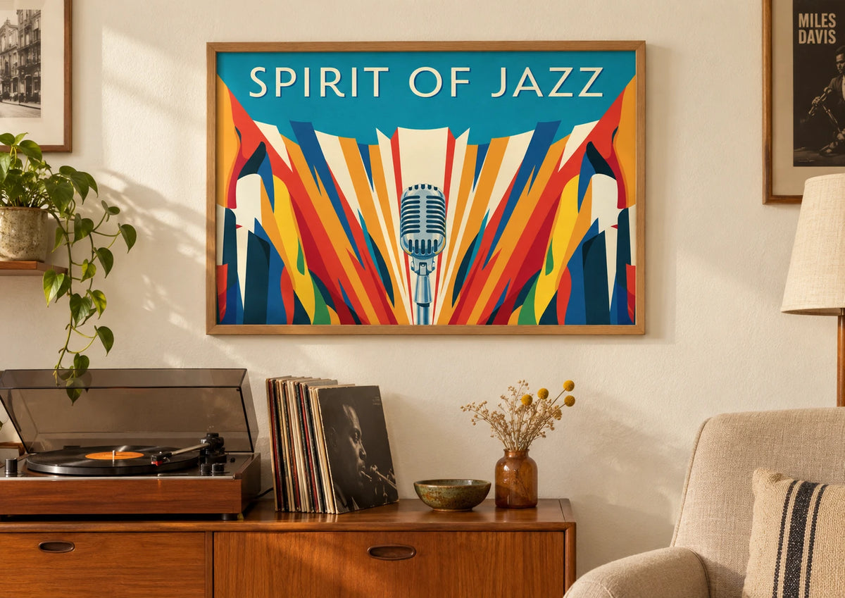 Mise en situation de Affiche rétro microphone années 1920 Spirit of Jazz