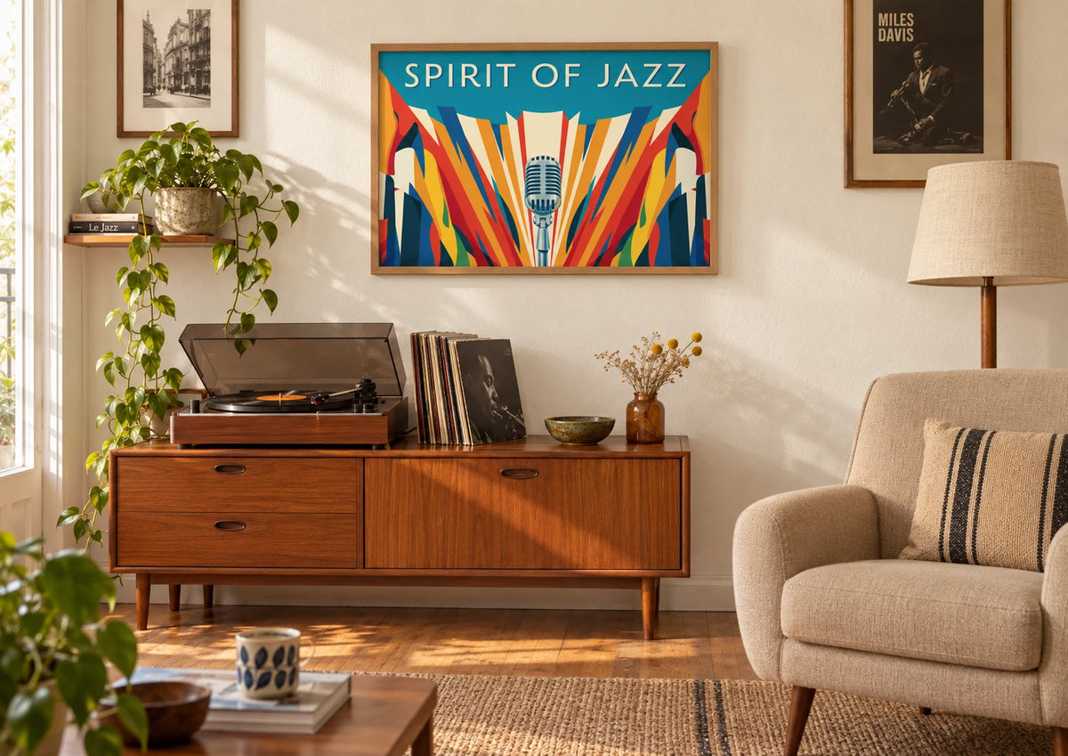 Salon : mise en situation de Affiche rétro microphone années 1920 Spirit of Jazz