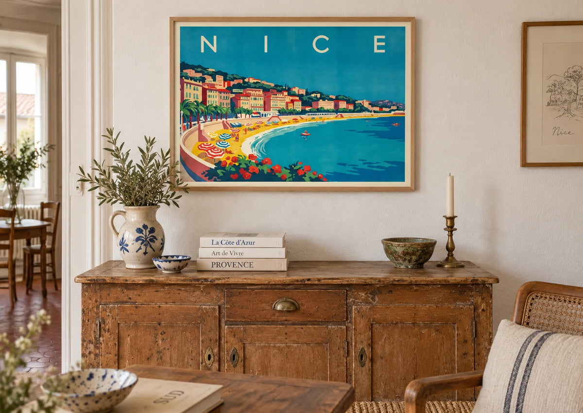 Mise en situation de Affiche rétro Nice plage et parasols années 1930