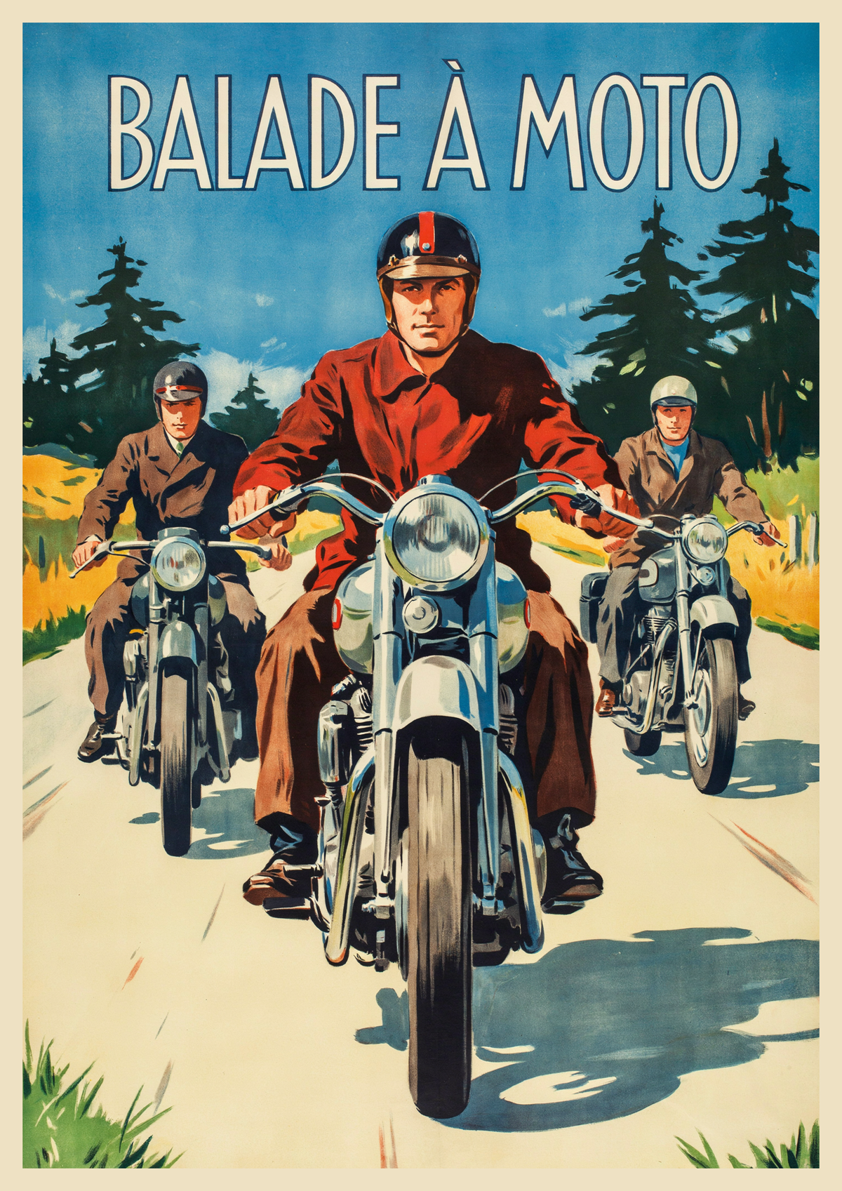 Affiche Balade en Harley trois motards vintage