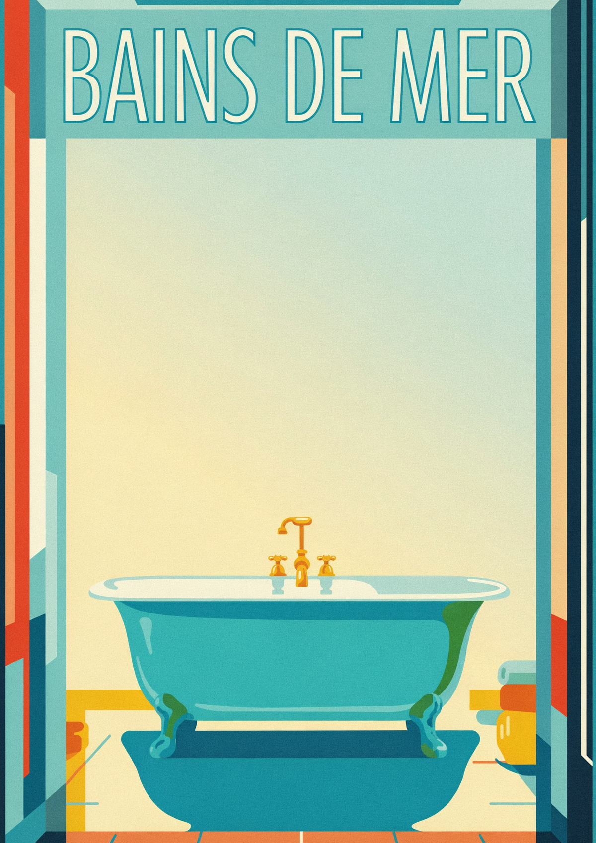 Affiche rétro baignoire turquoise et robinetterie