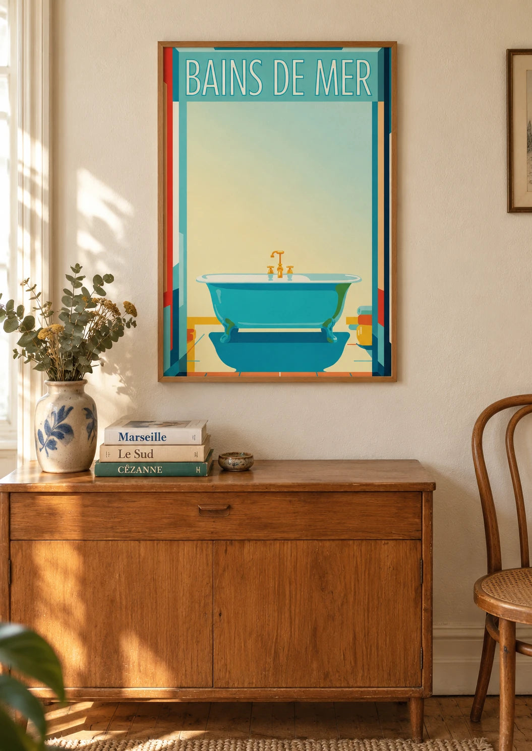 Affiche rétro baignoire turquoise et robinetterie, A2, vue normale
