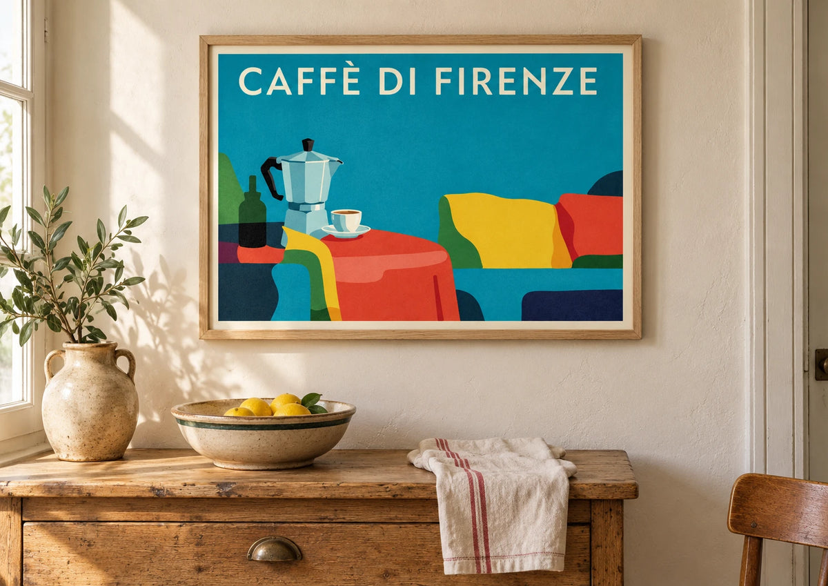 Mise en situation de Affiche Caffè di Florence avec cafetière moka italienne