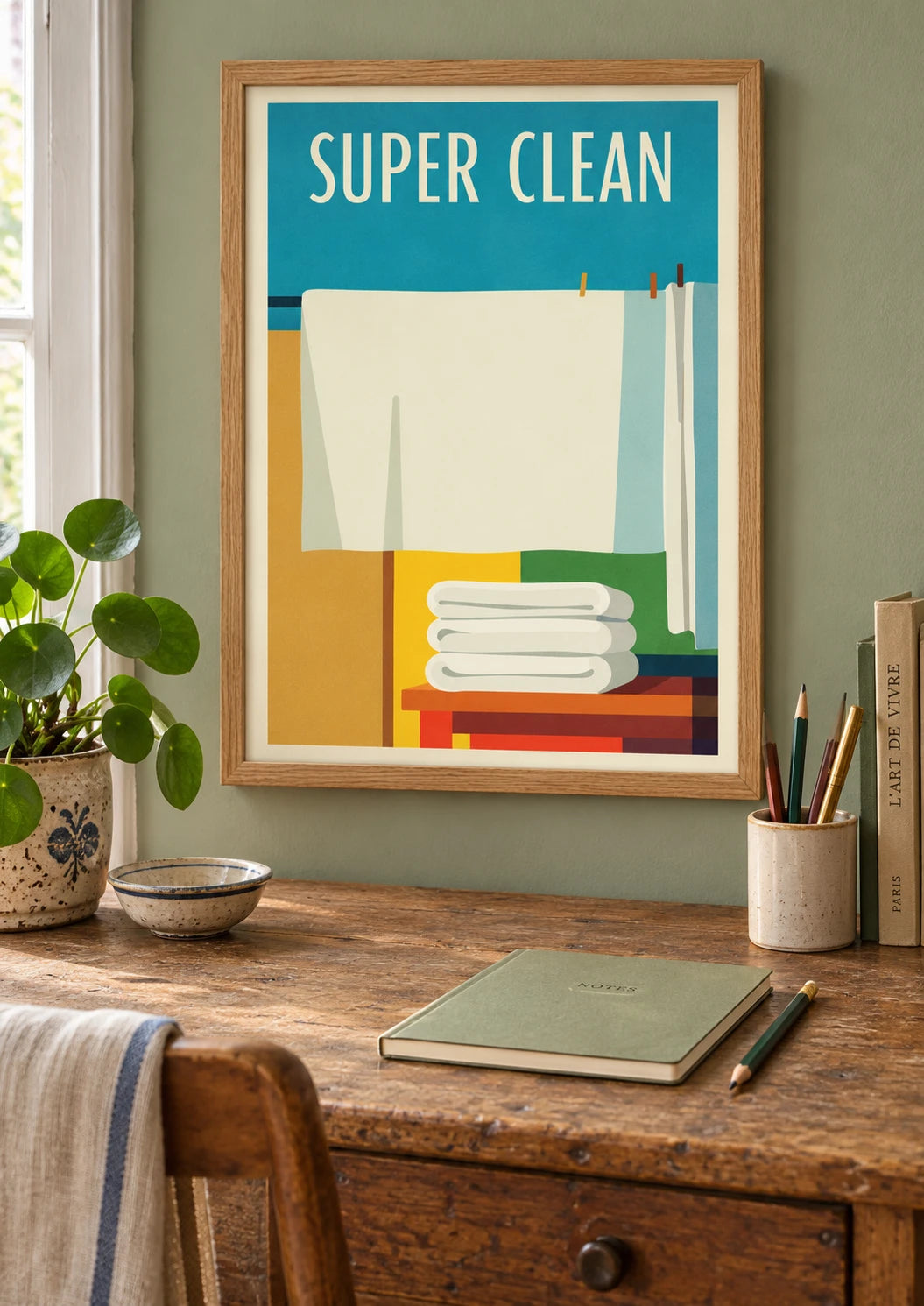 Buanderie : mise en situation de Affiche Super Clean femme lessive vintage 1950