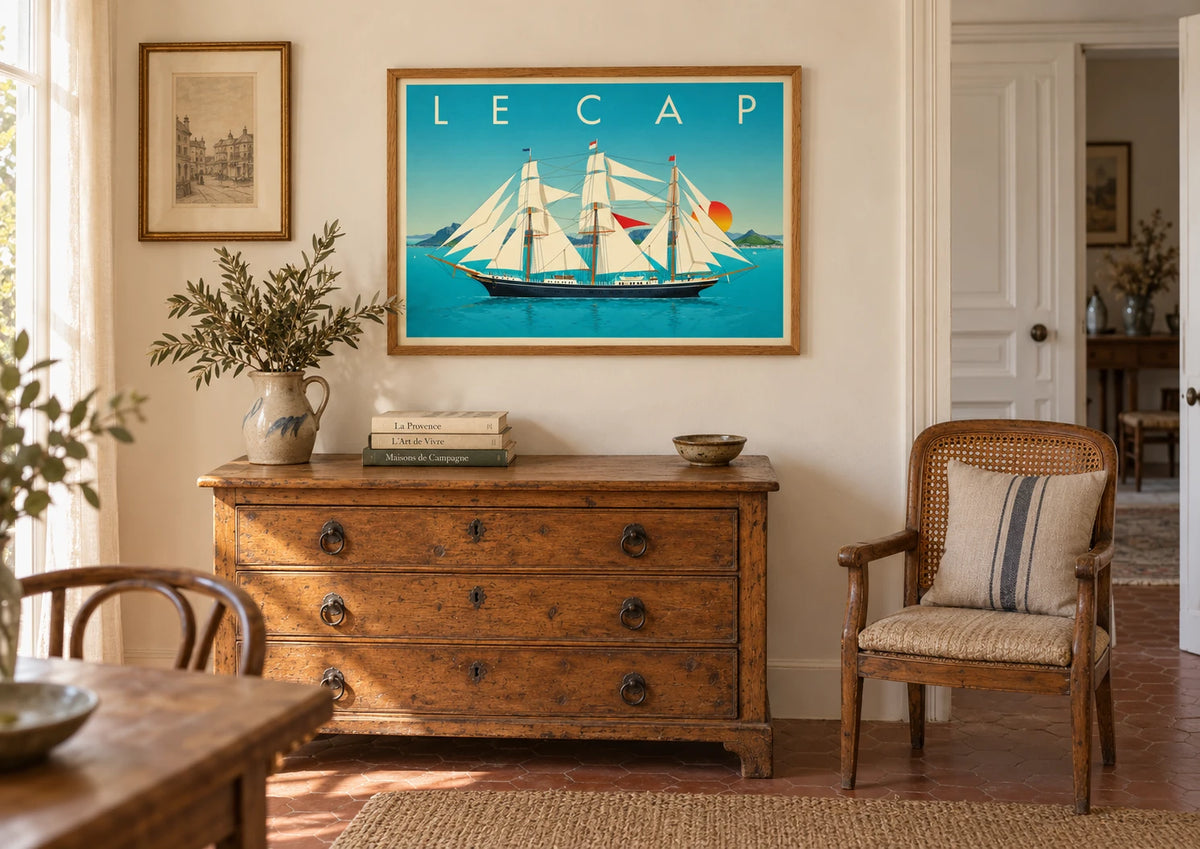 Affiche Le Cap navigation à voile rétro, A2, vue éloignée