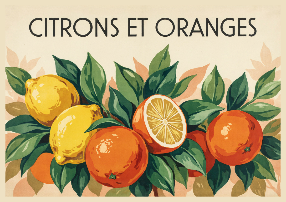 Affiche illustration agrumes jaunes et oranges années 1930