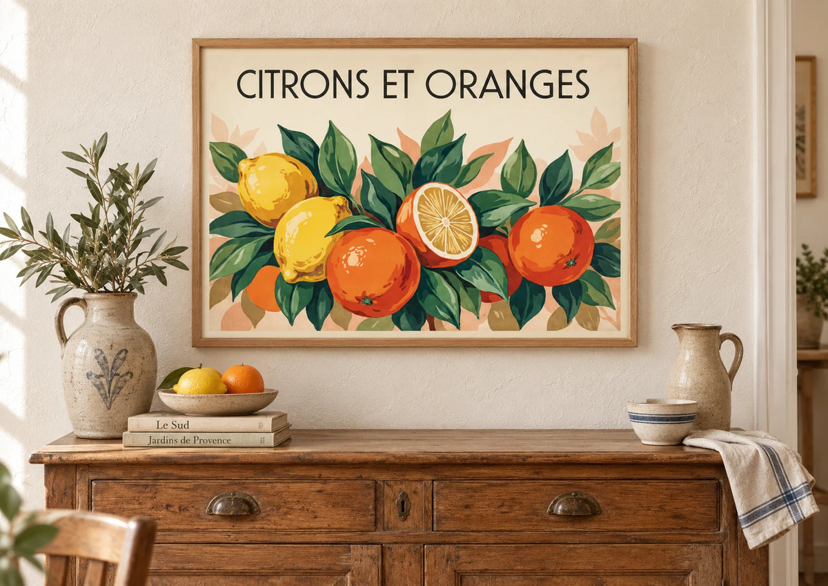 Mise en situation de Affiche illustration agrumes jaunes et oranges années 1930