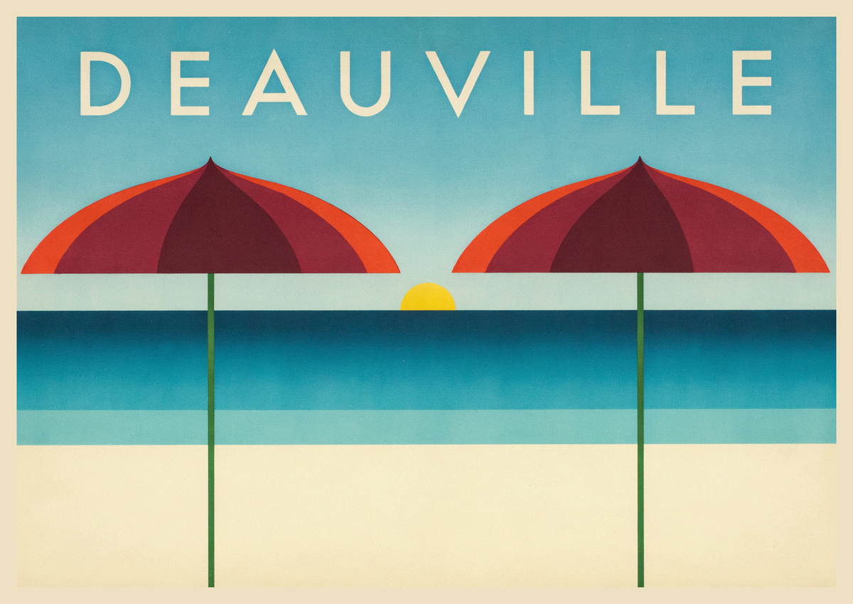 Affiche Deauville parasol plage romantique années 30