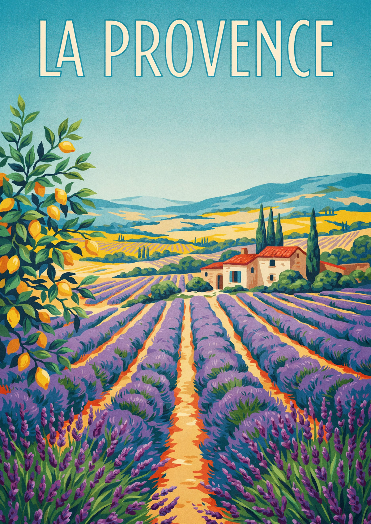 Affiche La Provence lavande citrons et maison provençale