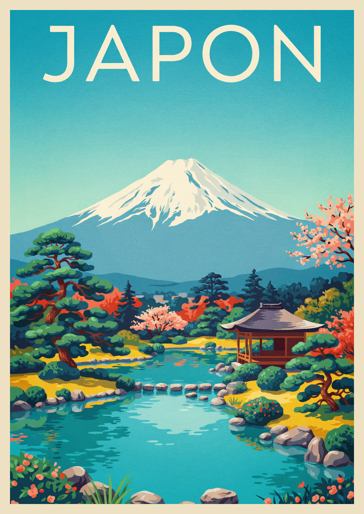 Affiche jardin zen japonais avec mont Fuji