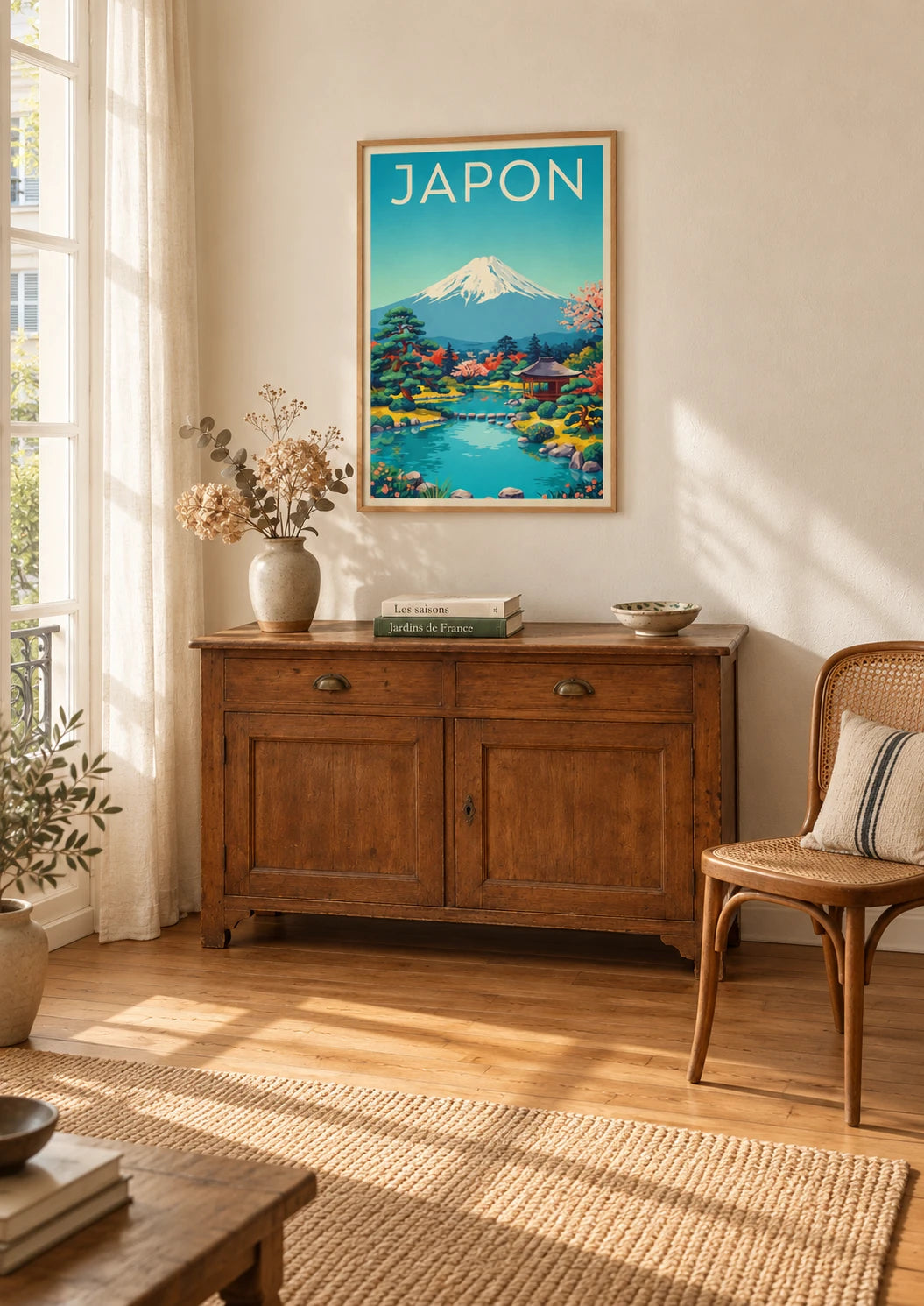 Affiche jardin zen japonais avec mont Fuji, A2, vue éloignée