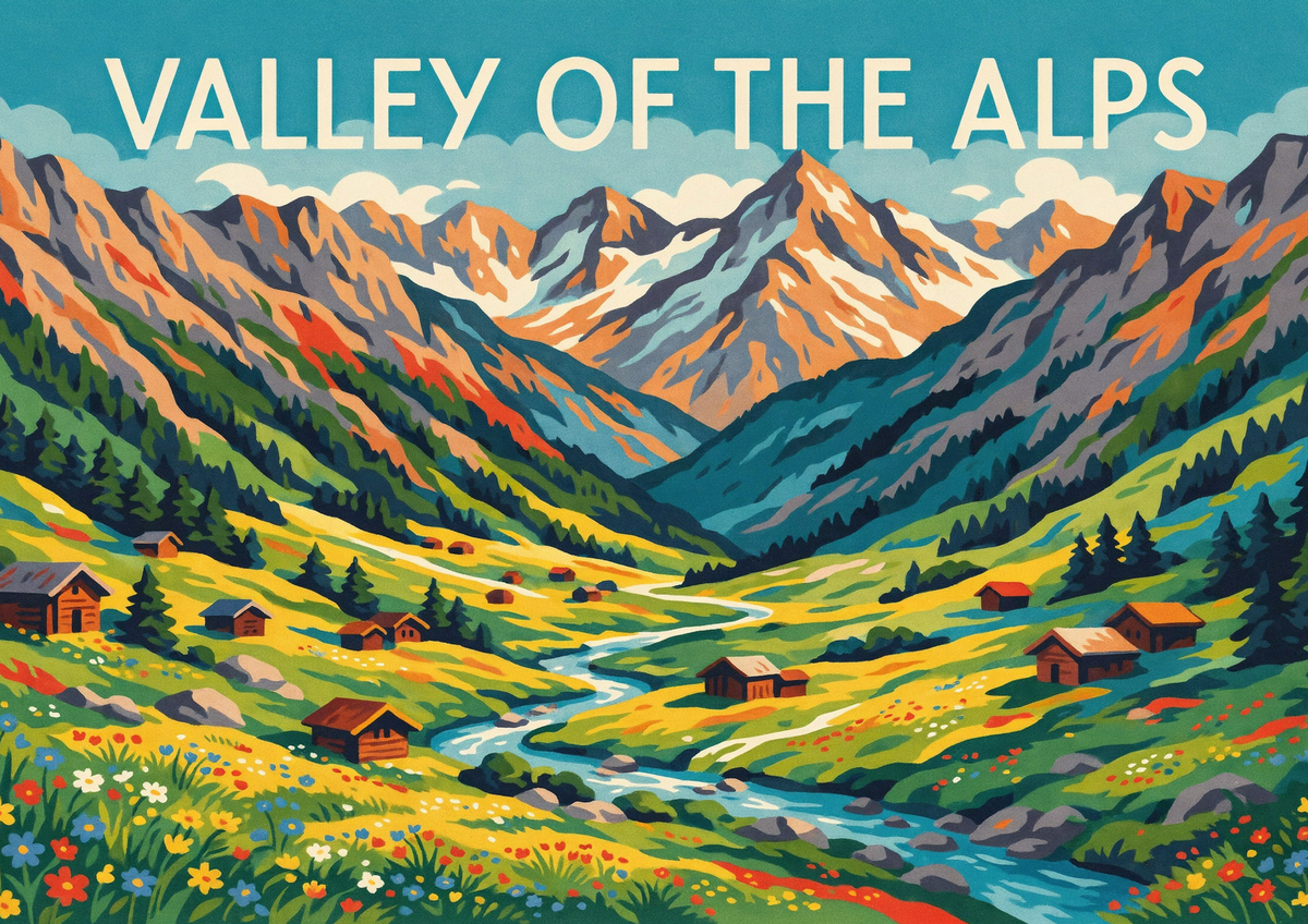 Affiche Valley des Alpes paysage montagnard vintage