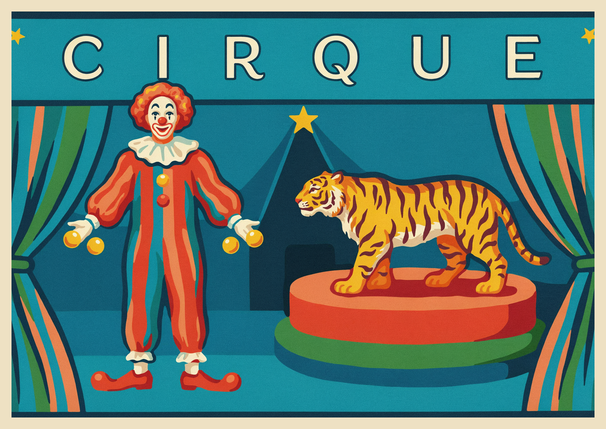Affiche de cirque avec tigre et clown jongleur vintage