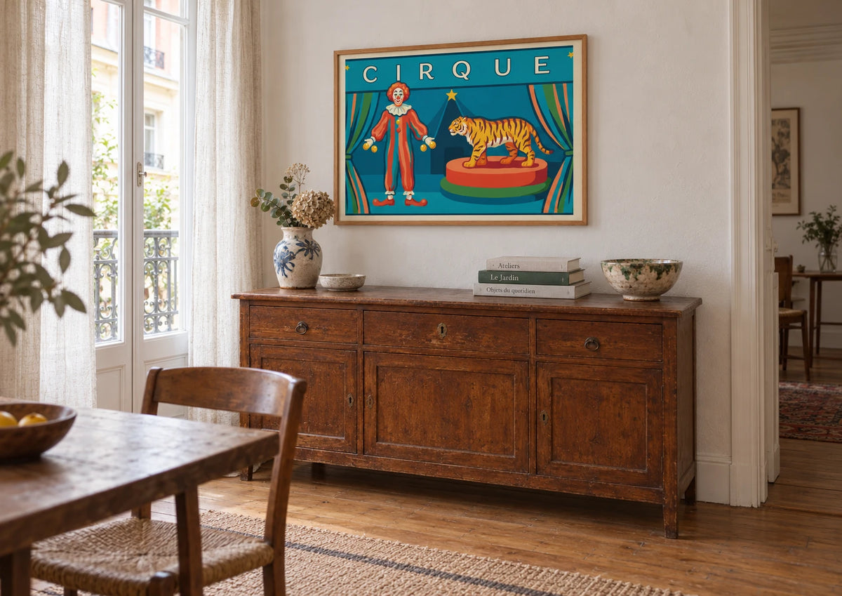 Affiche de cirque avec tigre et clown jongleur vintage, A2, vue éloignée