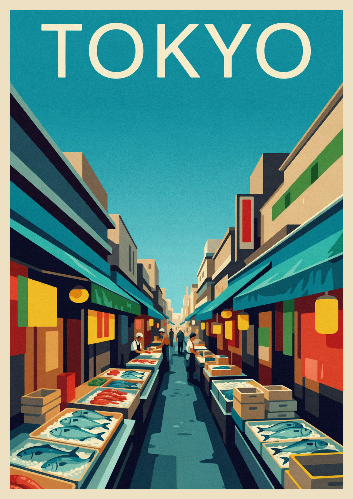 Affiche Marché aux poissons style art déco Tokyo