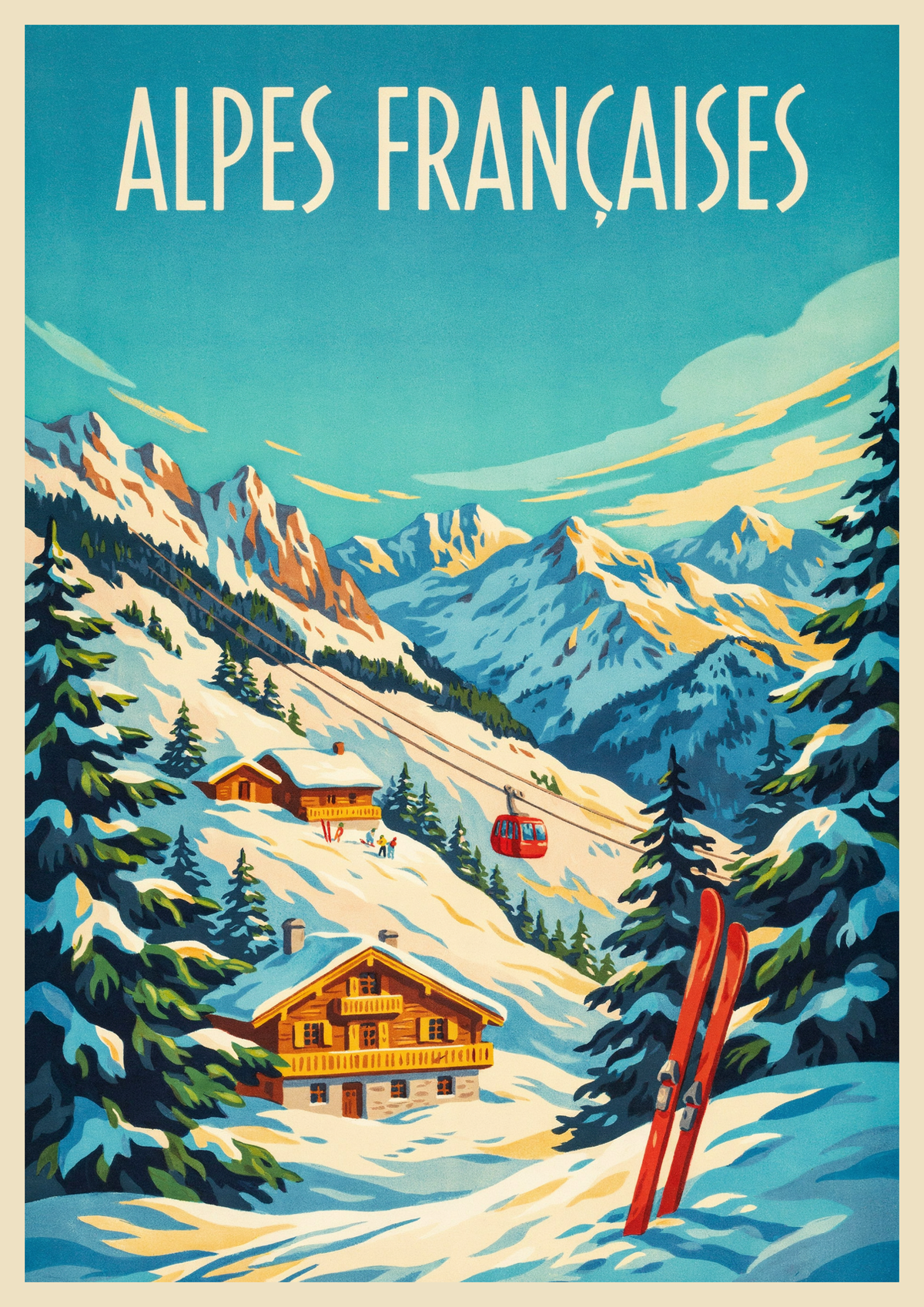 Affiche retro station de ski alpin French Alps
