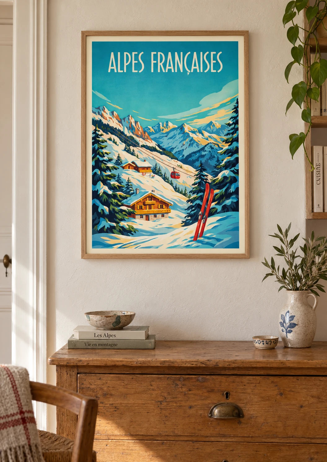 Mise en situation de Affiche retro station de ski alpin French Alps