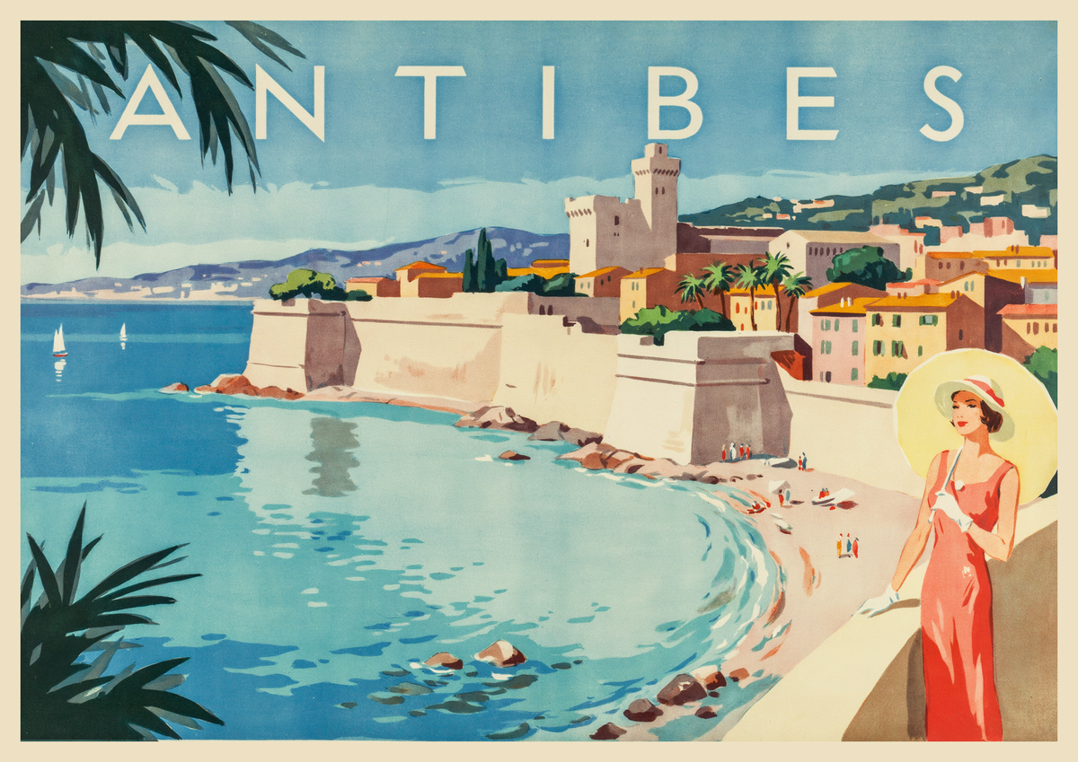 Affiche Antibes avec châteaufort et femme élégante années 1930
