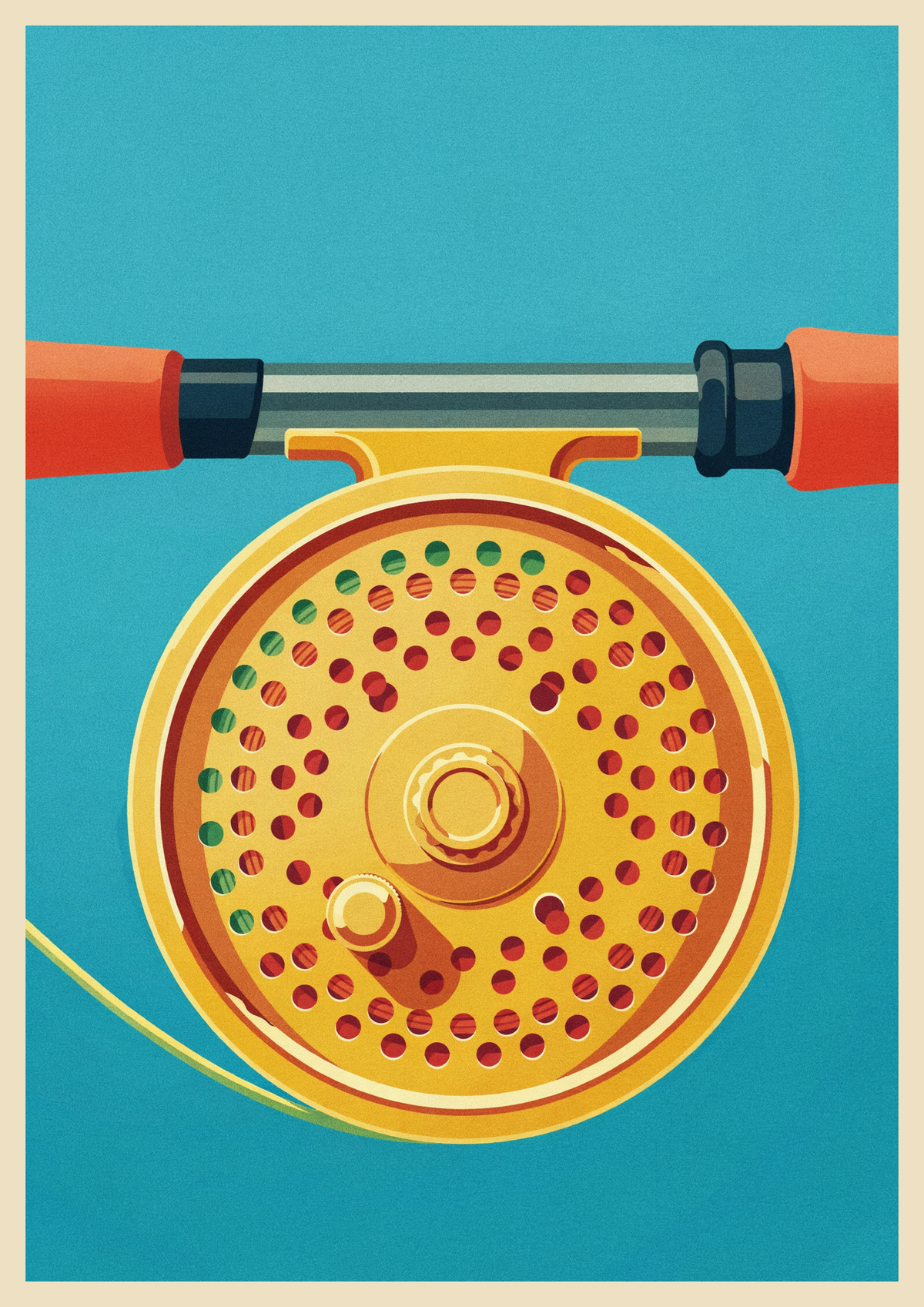 Affiche moulinet de pêche à mouche style rétro 1990