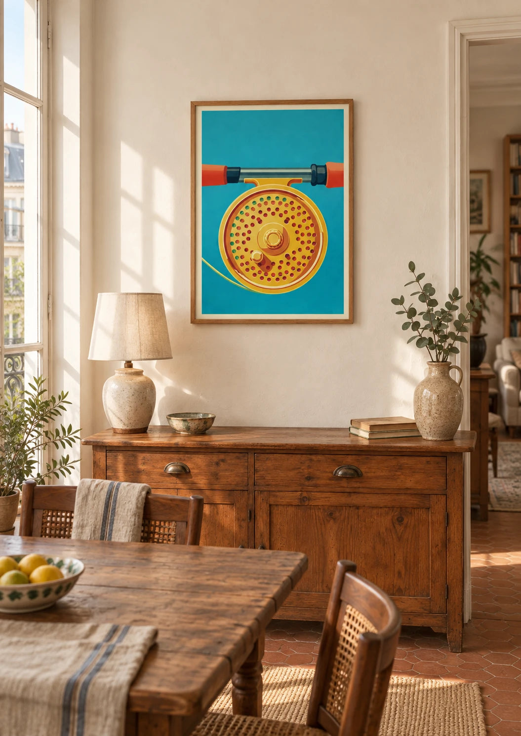 Affiche moulinet de pêche à mouche style rétro 1990, A2, vue éloignée
