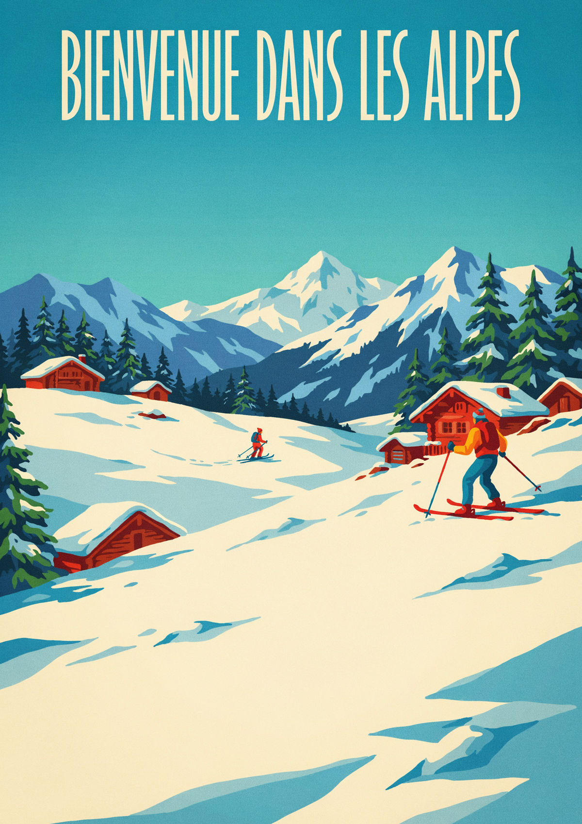 Affiche invitation aux sports d'hiver dans les Alpes