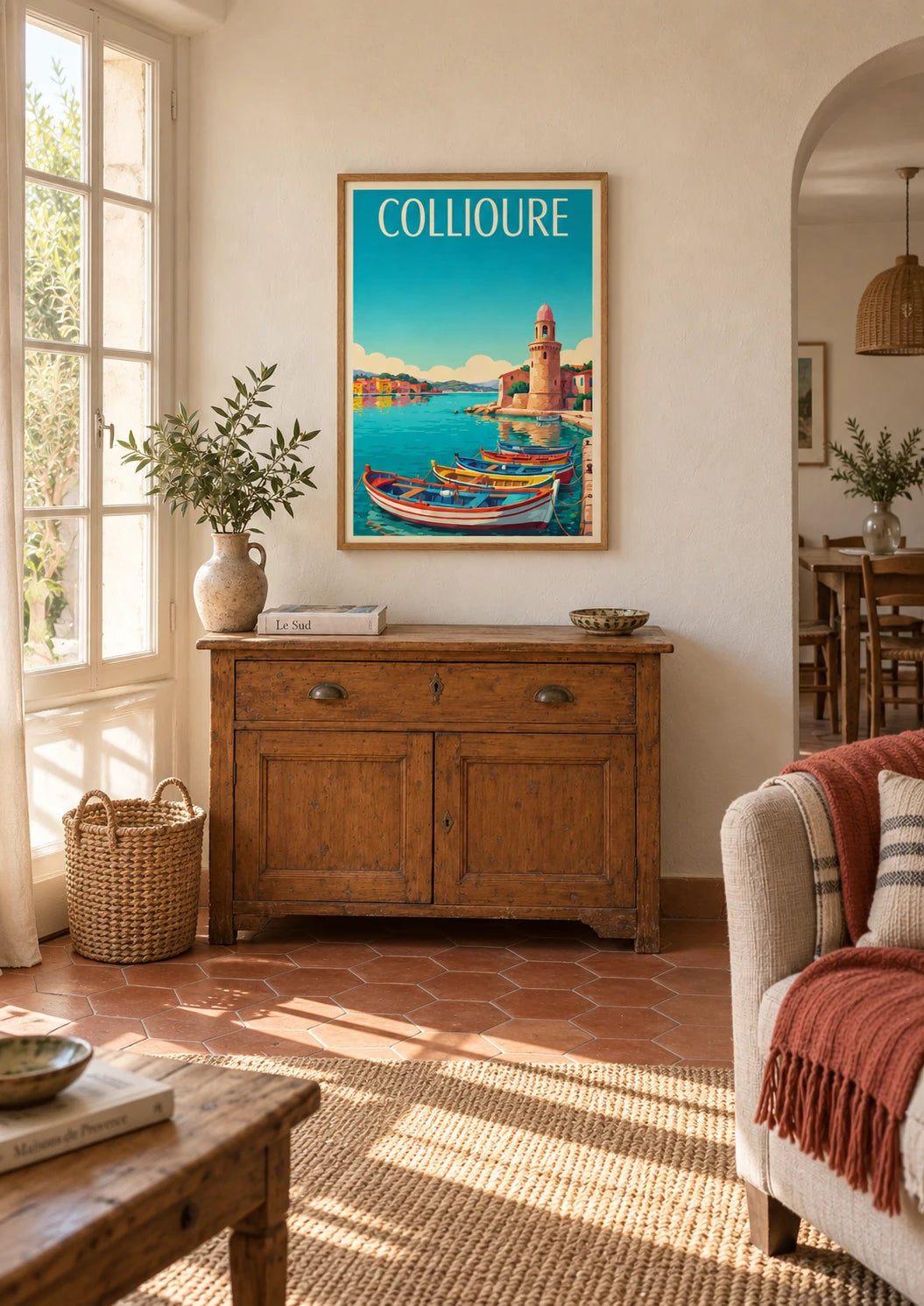 Affiche Collioure barques de pêche méditerranéenne, A2, vue éloignée
