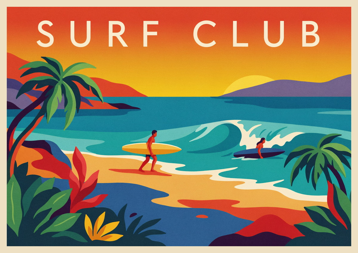 Affiche Surf Club avec surfeur, vagues et palmiers