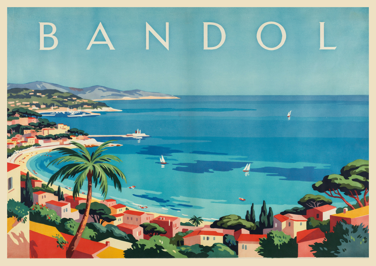 Affiche Bandol Côte d'Azur voiliers et palmier Art Déco