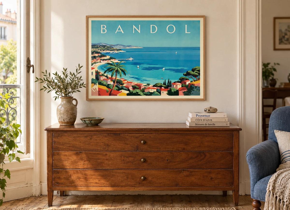 Mise en situation de Affiche Bandol Côte d'Azur voiliers et palmier Art Déco