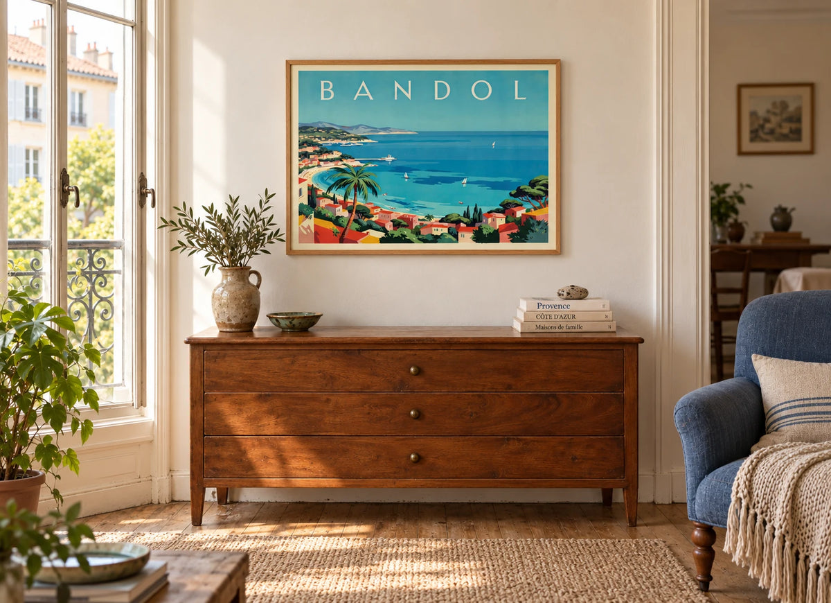 Affiche Bandol Côte d'Azur voiliers et palmier Art Déco, A2, vue éloignée