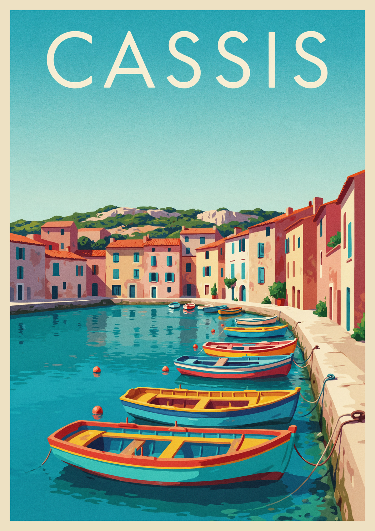 Affiche Cassis port barques colorées style Art Déco