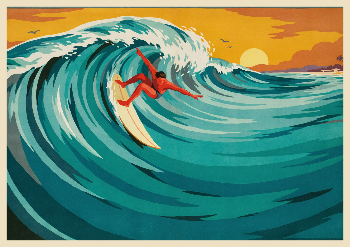 Affiche surfeur vague turquoise soleil rétro