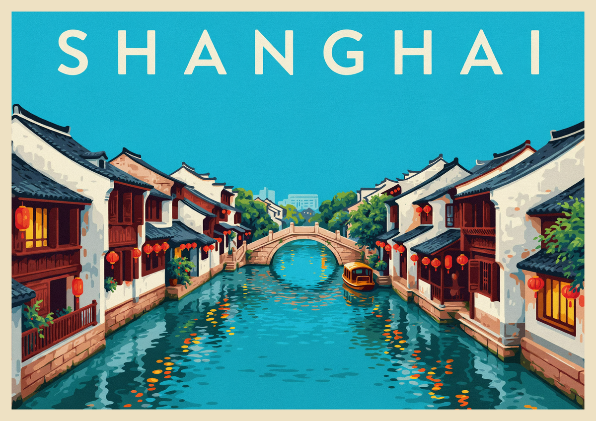 Affiche Shanghai art déco lanternes et fleuve