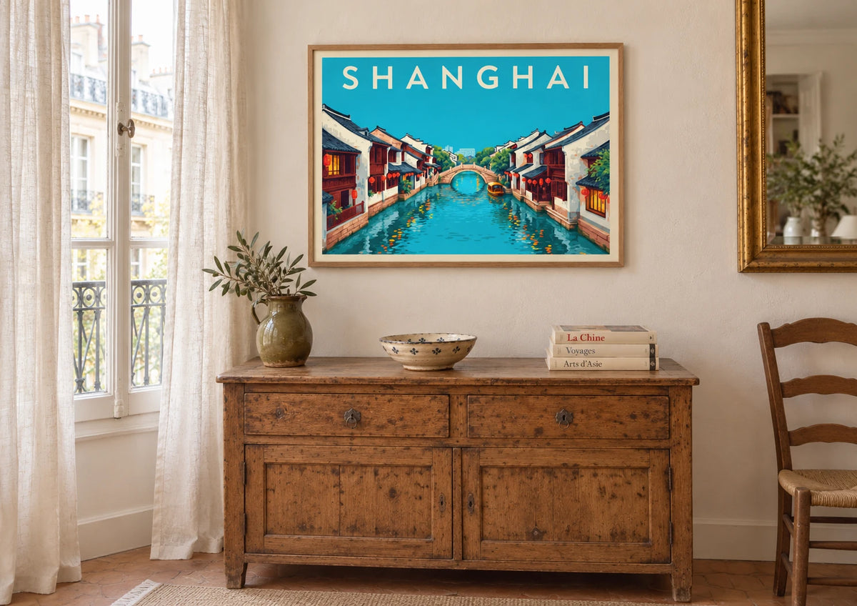 Affiche Shanghai art déco lanternes et fleuve, A2, vue éloignée
