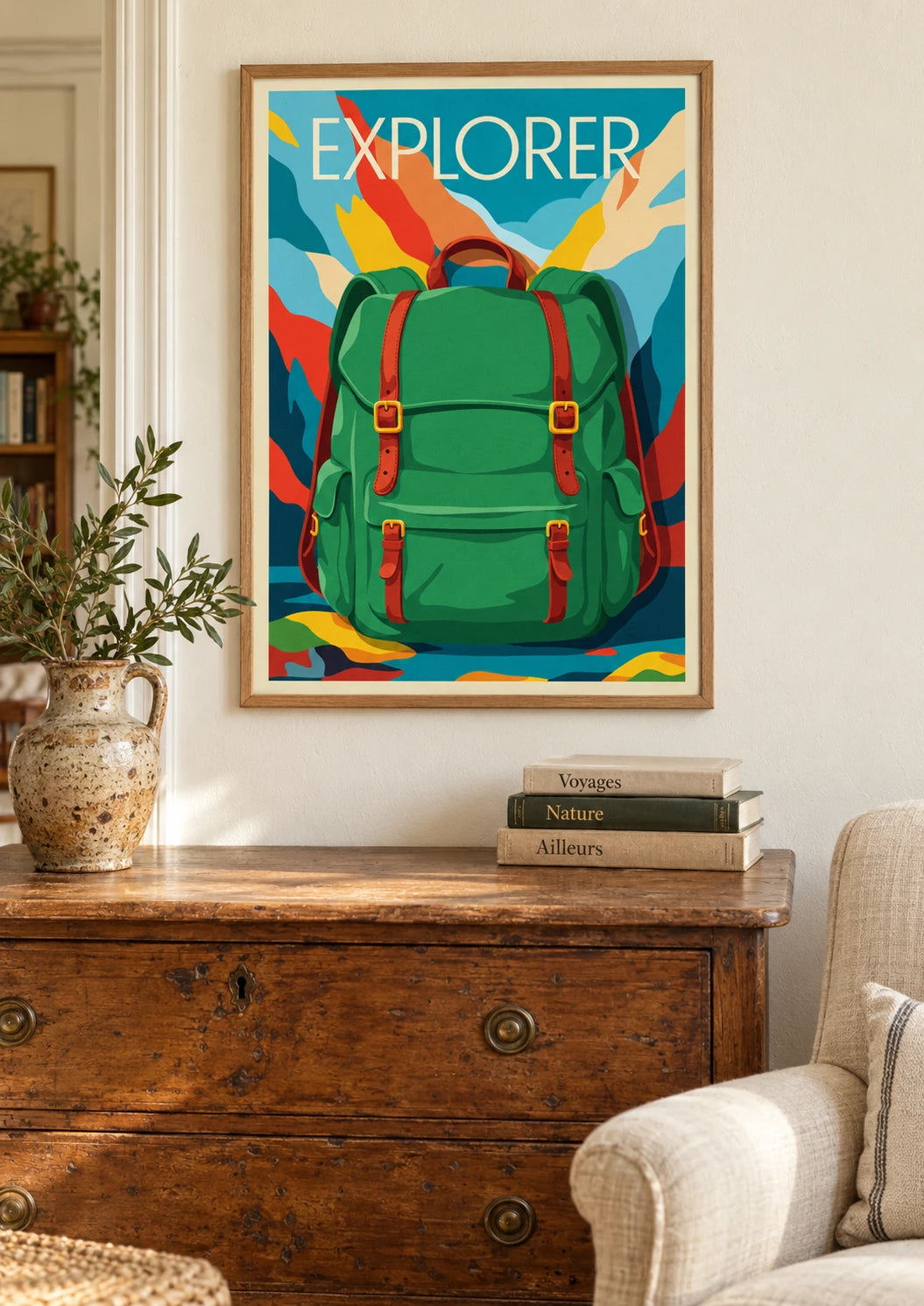 Mise en situation de Affiche Explorer sac à dos montagne vintage