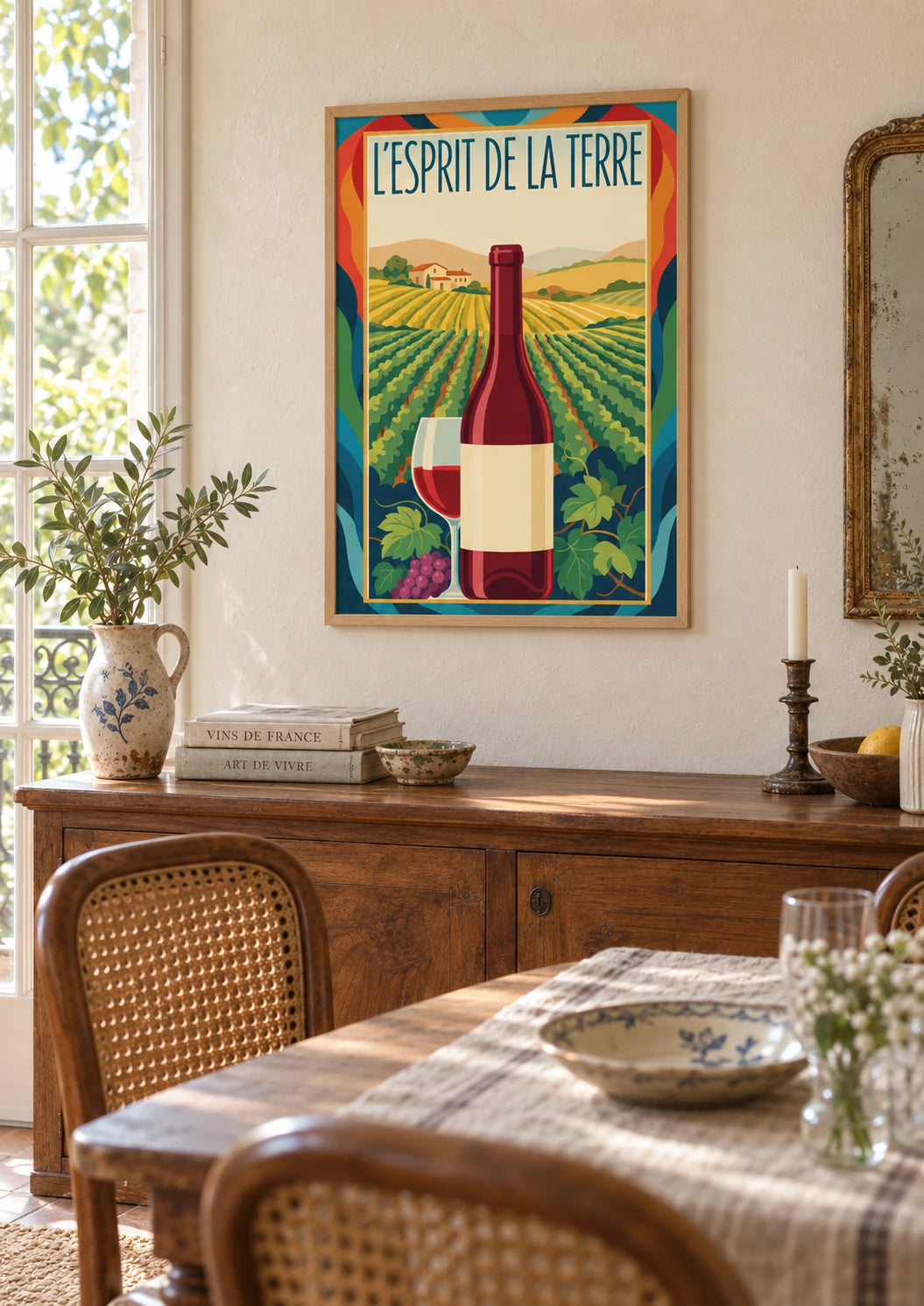 Bureau : mise en situation de Affiche Vin rouge esprit de la terre années 1930 Publicitaire