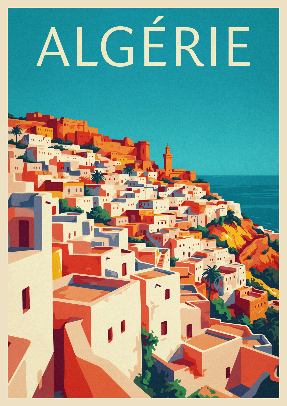 Affiche touristique Algérie kasbah méditerranéenne style Art Déco