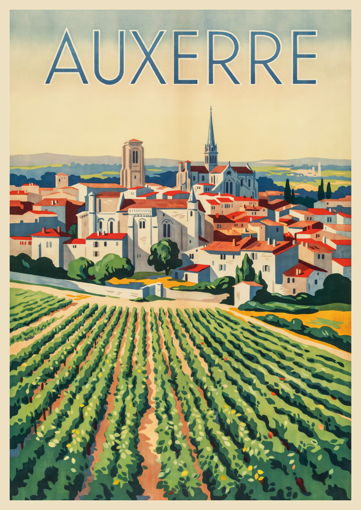 Affiche Auxerre vignobles et patrimoine régional vintage