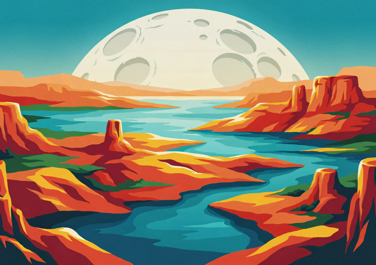 Affiche paysage désert science-fiction lune géante