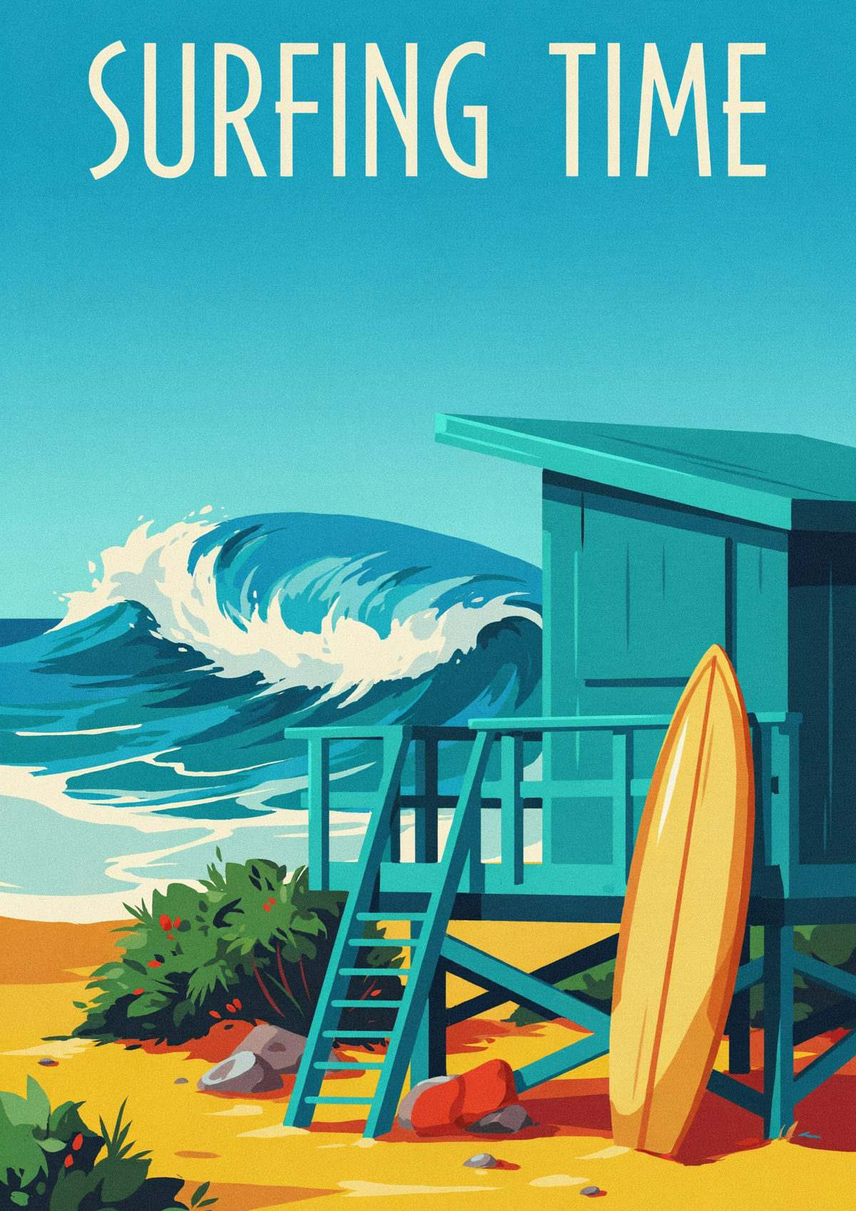 Affiche rétro planche de surf et cabine de plage années 1950