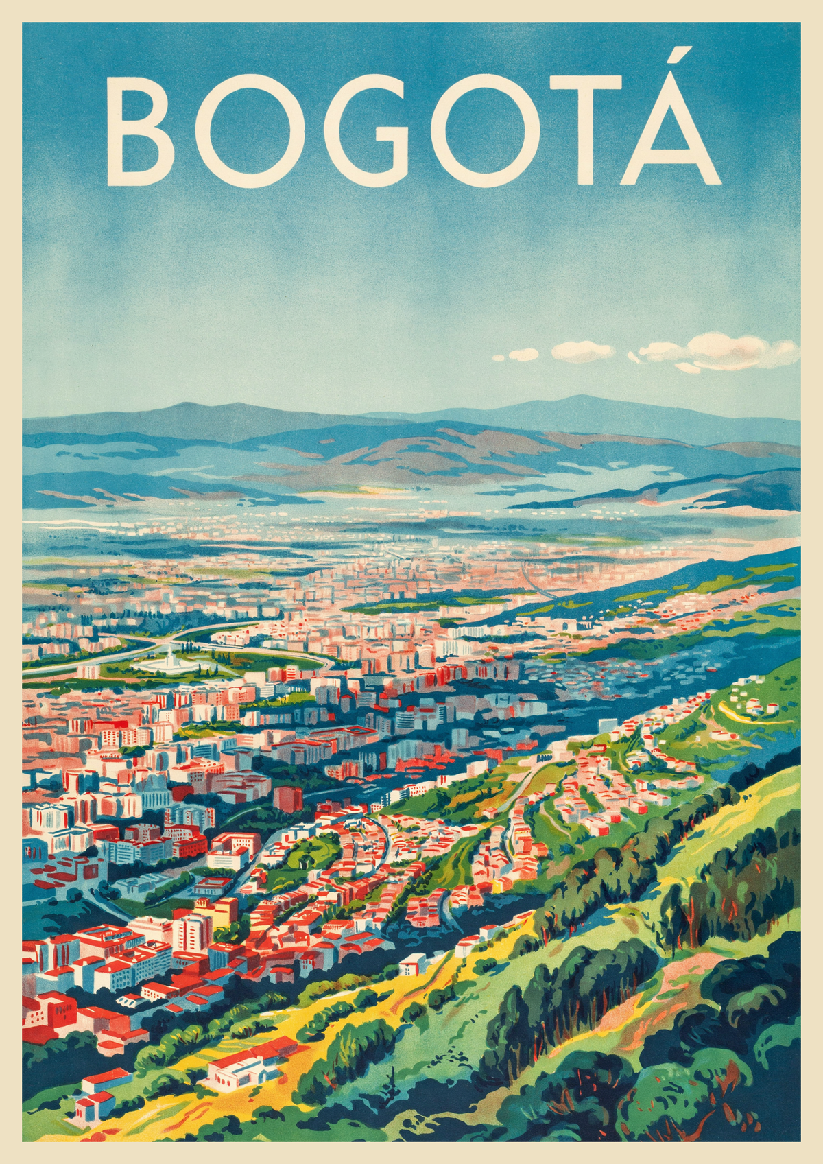 Affiche Bogotá Colombie paysage montagneux Art Déco