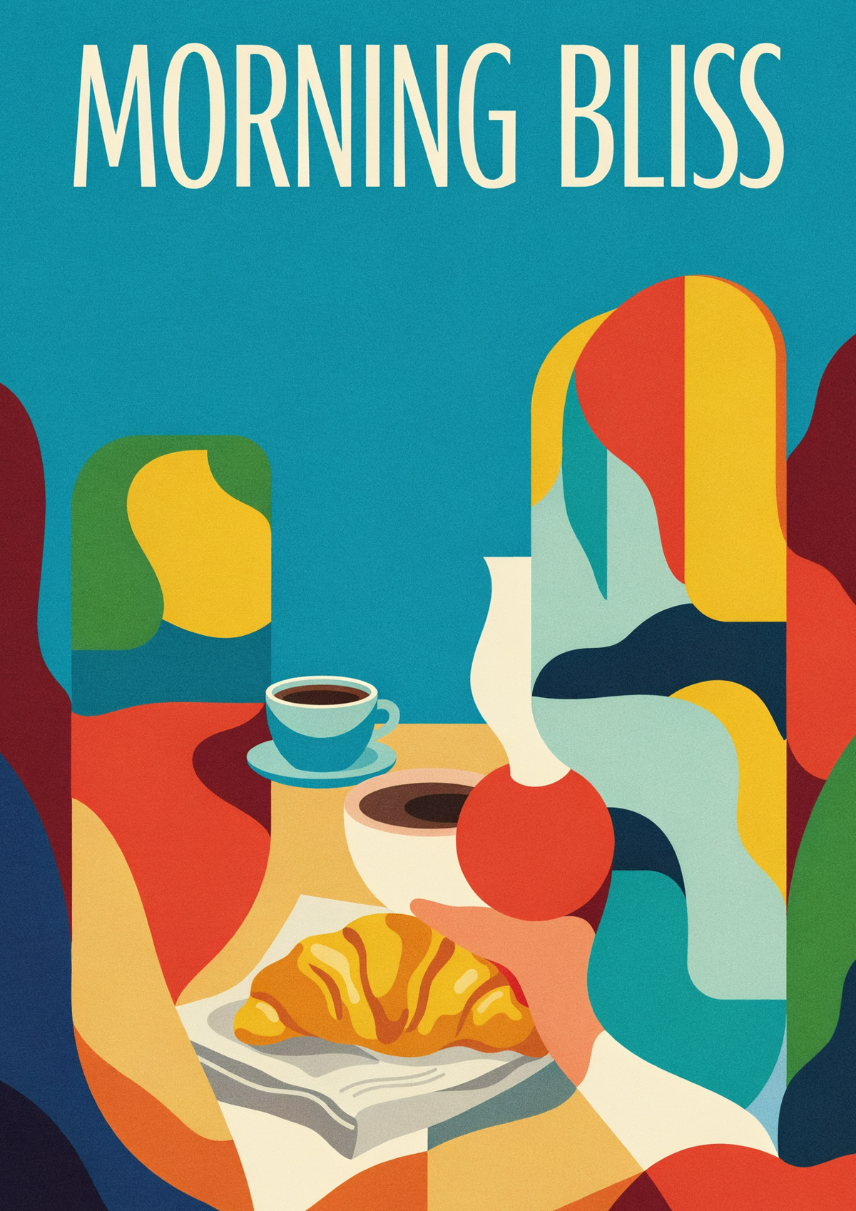 Affiche petit déjeuner rétro avec café et croissant