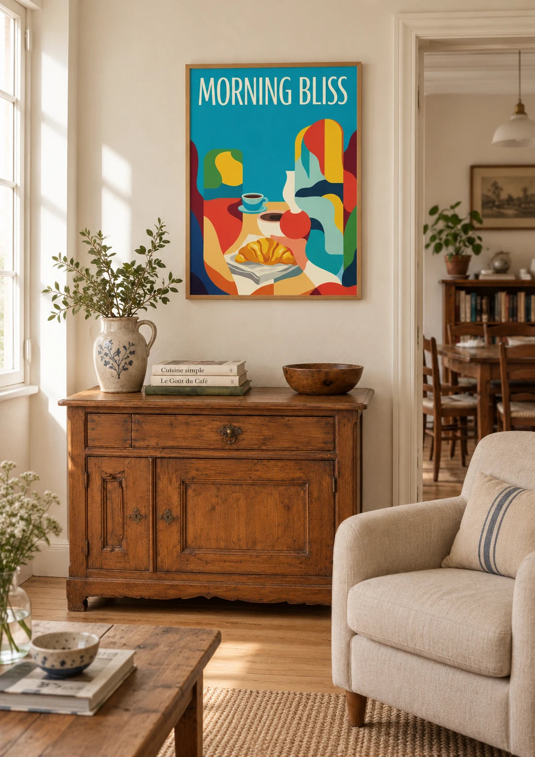 Affiche petit déjeuner rétro avec café et croissant, A2, vue éloignée