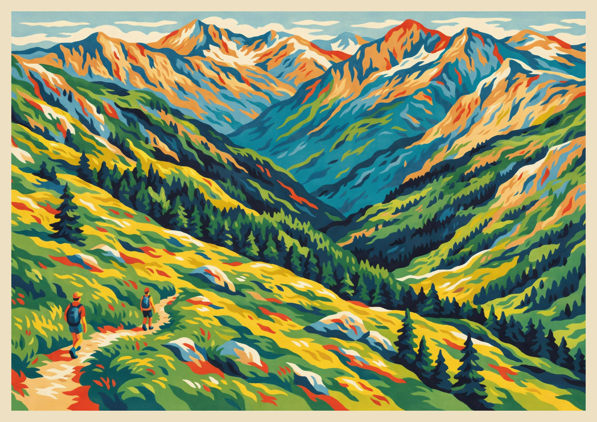 Affiche invitation à la randonnée en montagne vintage