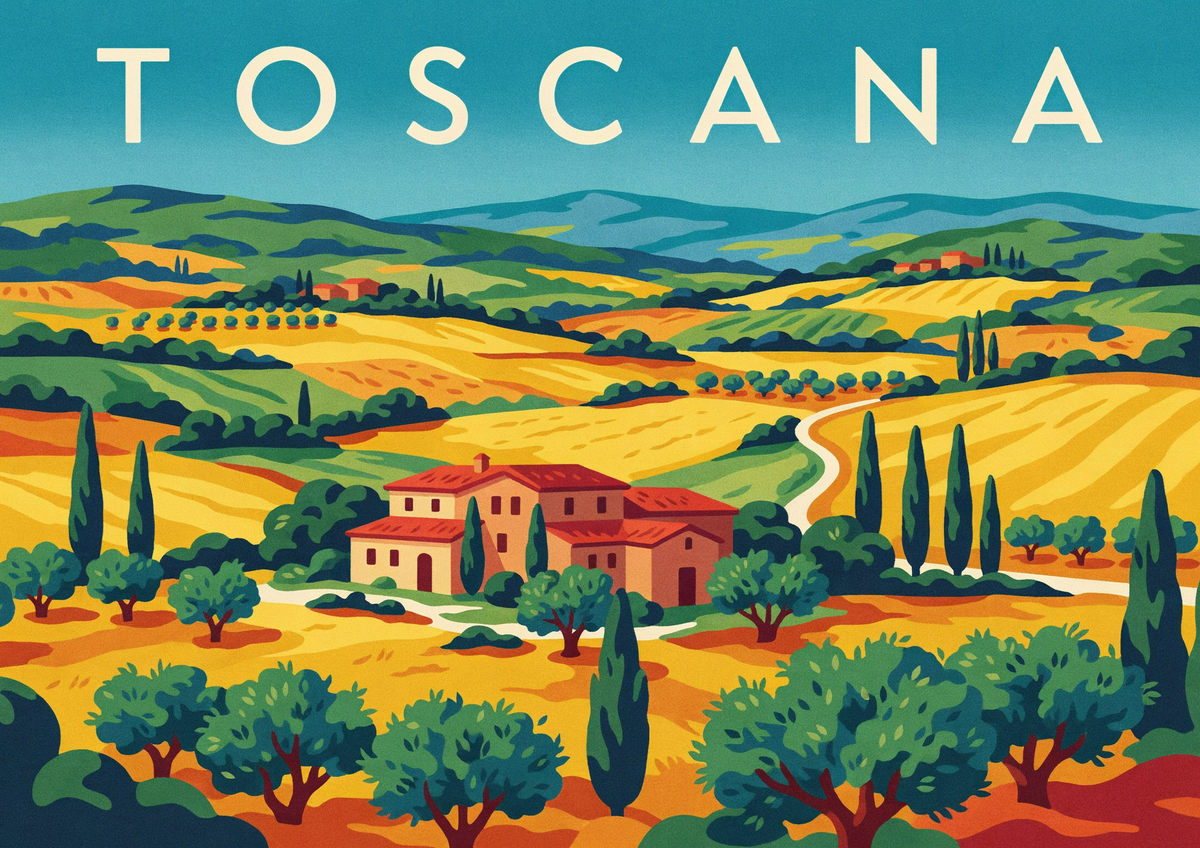 Affiche Toscane paysage toscan cyprès et villa